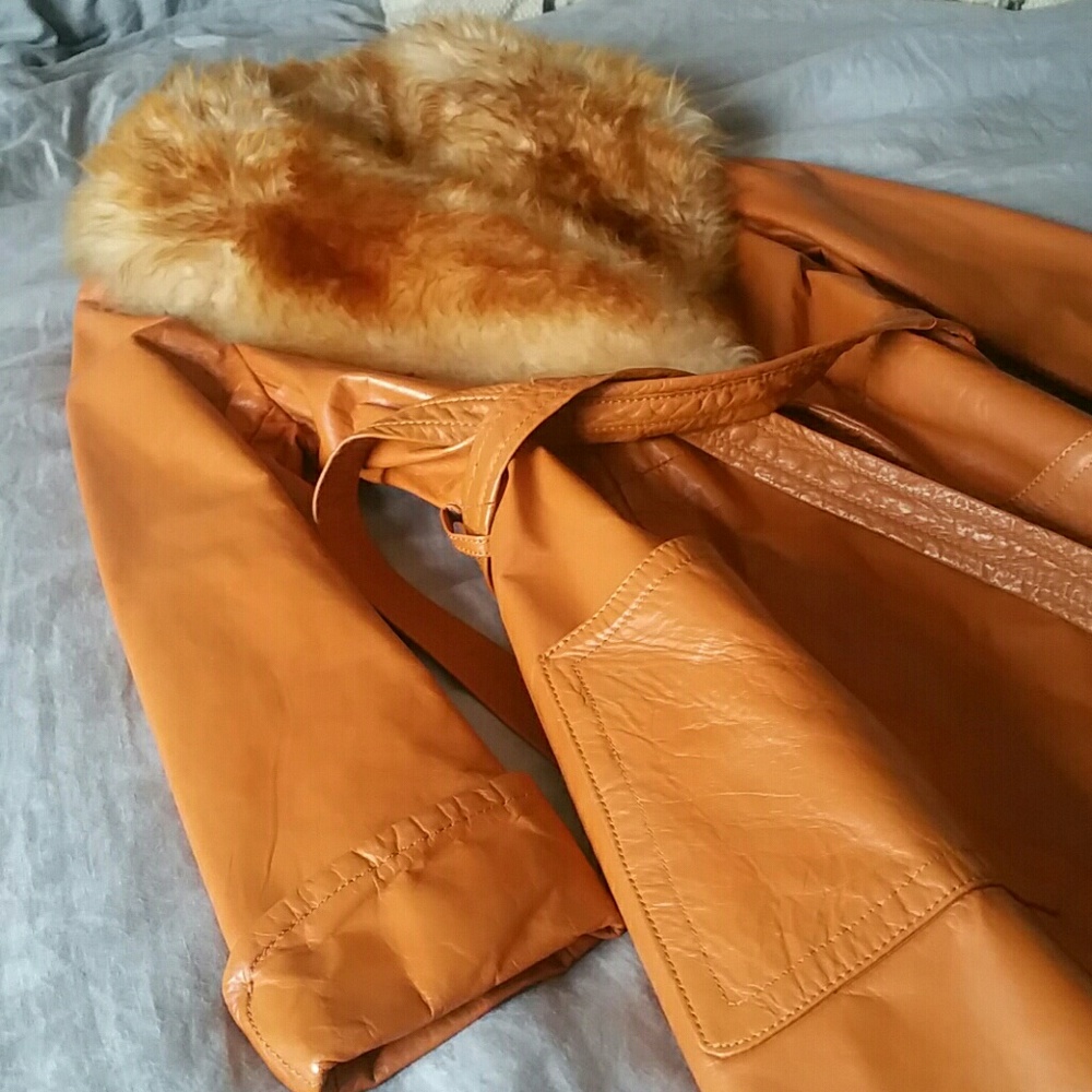 Vintage 60s 70s Fur Collar Belted Orange Leather Penny Lane Coat